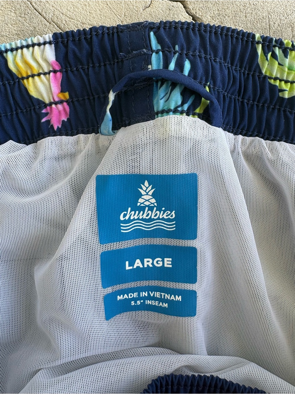 Youth Chubbies Navy Swim Shorts with Bright Rooster Accents